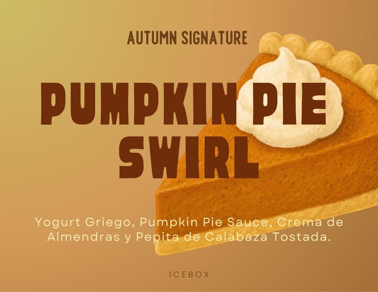 Pumpkin pie swirl with whipped cream and cinnamon, labeled as autumn signature dessert with ingredient details