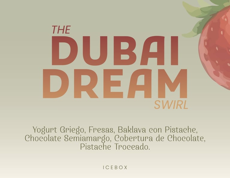 The Dubai Dream Swirl ice cream product label with ingredients list and a strawberry image